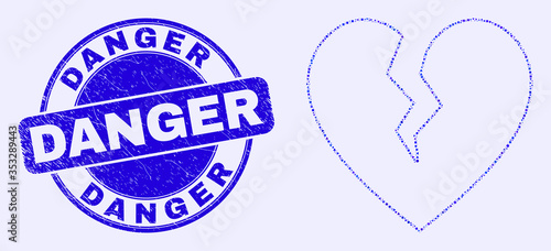 Geometric broken heart mosaic icon and Danger seal. Blue vector rounded scratched seal with Danger title. Abstract mosaic of broken heart done of spheric, tringle, square geometric spots.