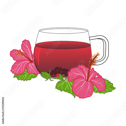 Cup of tea with hibiskus rose flowers. Background design for tea, homeopathy, herbal cosmetics, grocery, health care products with hibiskus tea or karkade. Vector isolated illustration