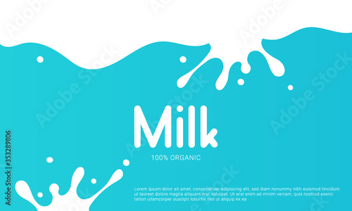 Milk minimal poster. Modern background with organic splash. Milk and dairy banner. Template with splashes and bolts.
