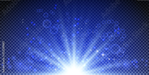 Blue burst on transparent background with sparkles and bokeh. Blue star glow effect. Magic burst for cads, invitations, poster and web. Futuristic vector design.