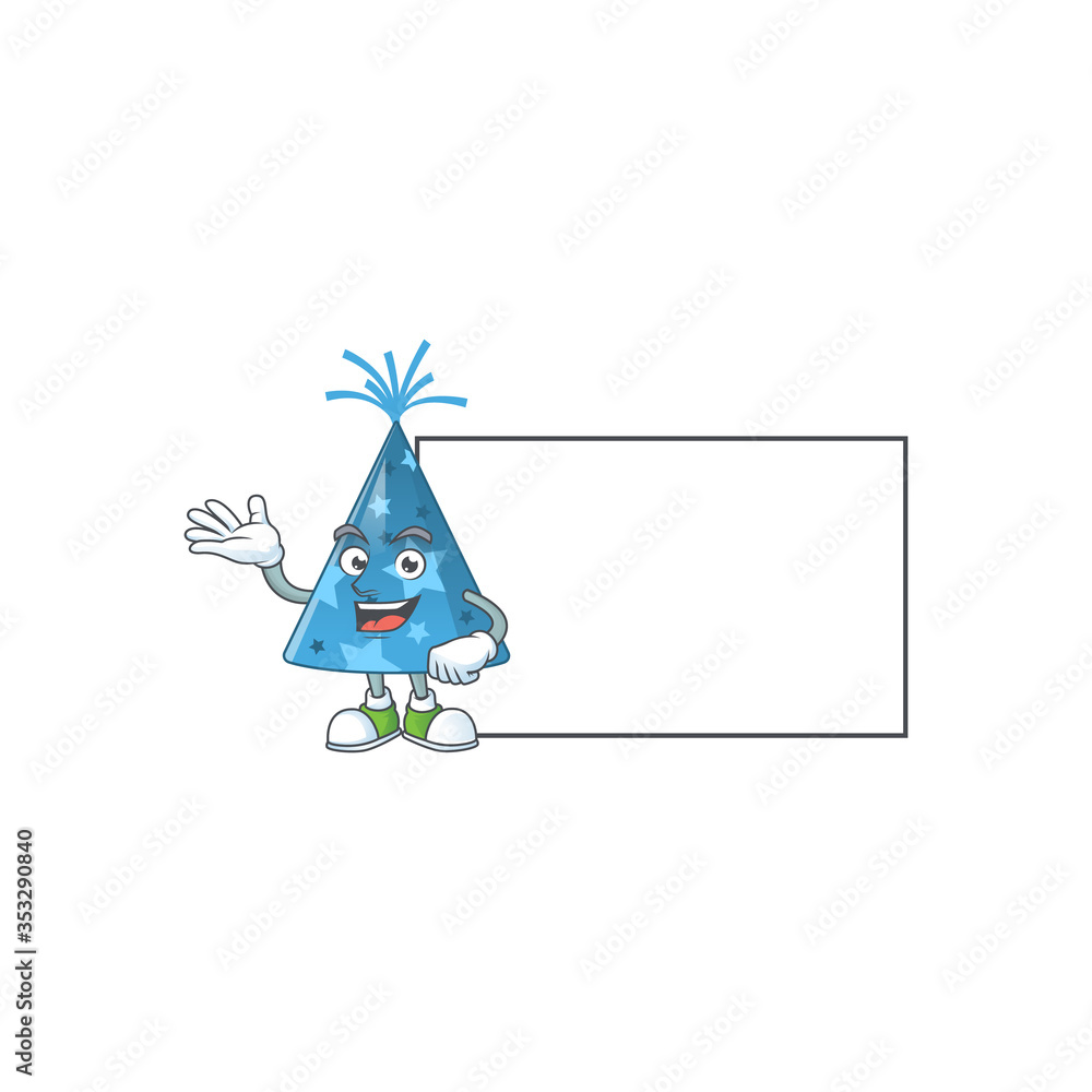 A caricature drawing of blue party hat with board A caricature drawing of blue party hat with board
