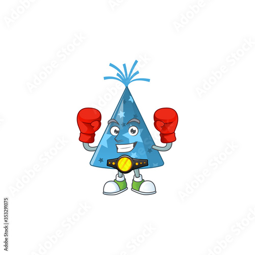 Caricature picture of blue party hat boxing athlete on the arena