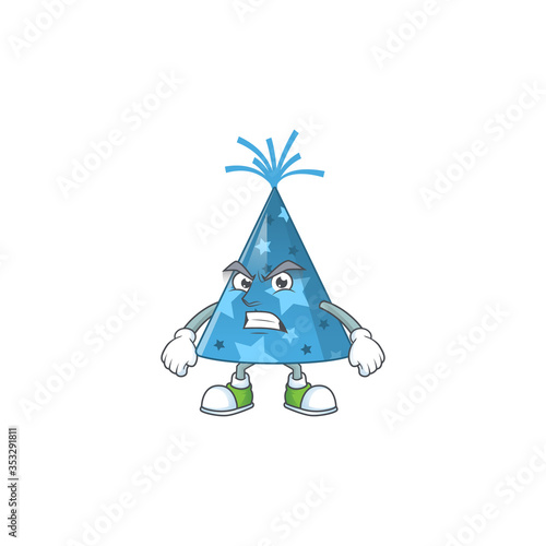 cartoon drawing of blue party hat showing angry face