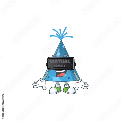 Caricature picture of blue party hat playing a game using Virtual reality headset