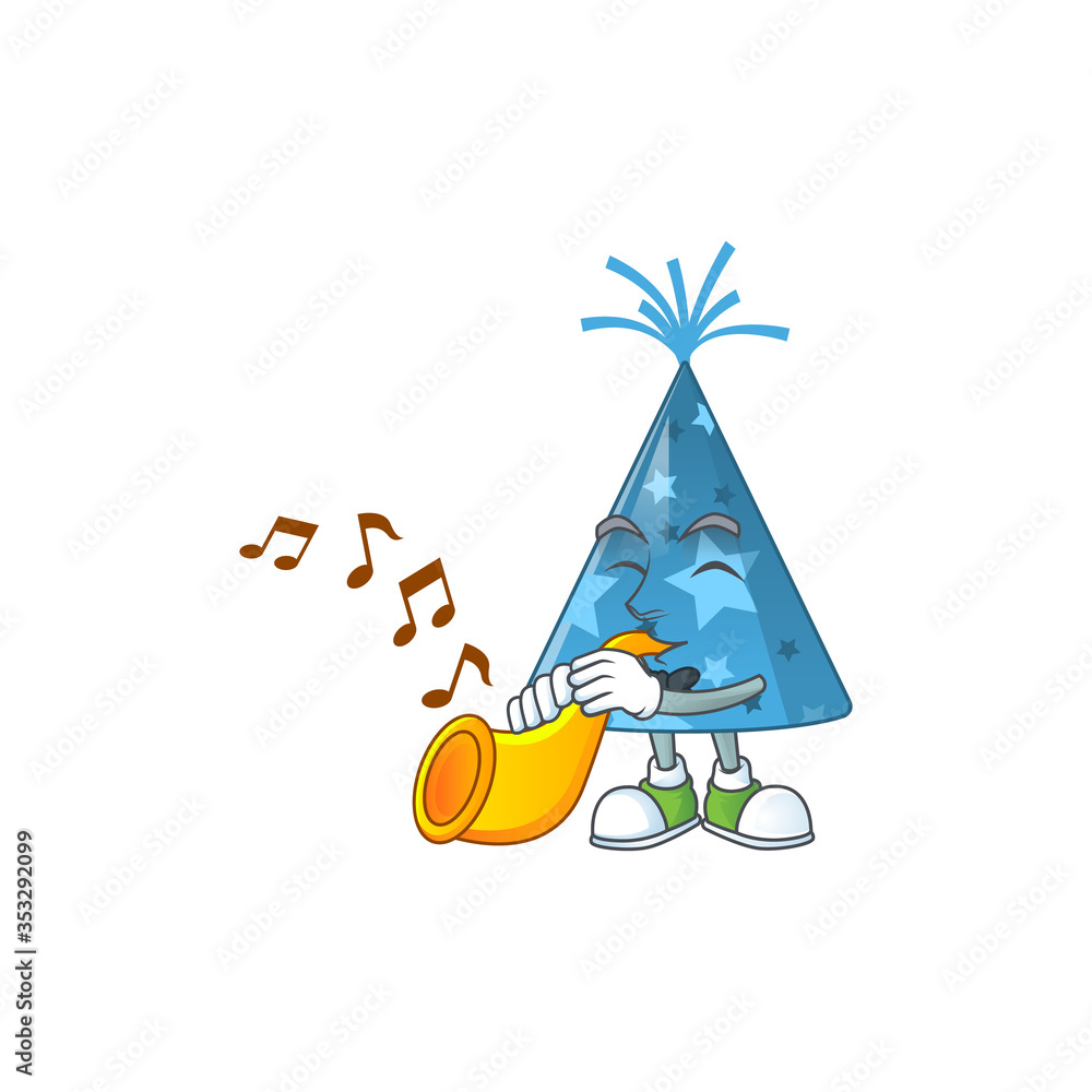 Naklejka premium Talented musician of blue party hat mascot design playing music with a trumpet