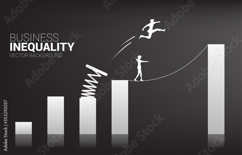 Silhouette of businessman jump to higher column of graph with springboard over other on rope walk. Concept of boost and growth in business. Business inequality.