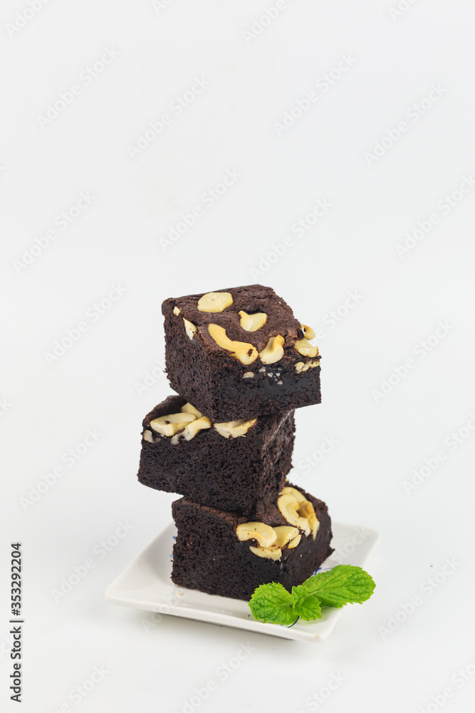Homemade chocolate brownie on White background , bakery and dessert