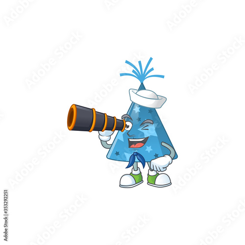 cartoon picture of blue party hat in Sailor character using a binocular