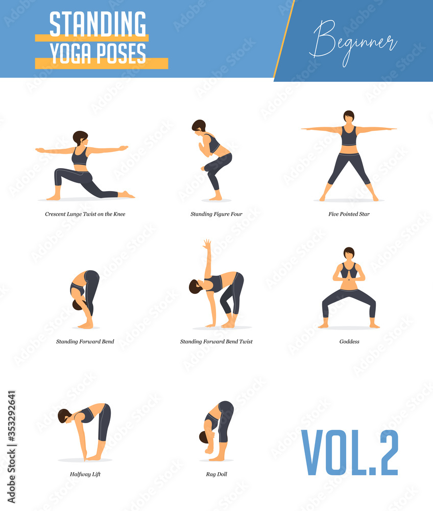 Set of yoga poses for concept balancing, standing poses in flat design style. Strong Woman exercising for body stretching. Yoga posture or asana for beginner infographic. Workout Vector Illustration