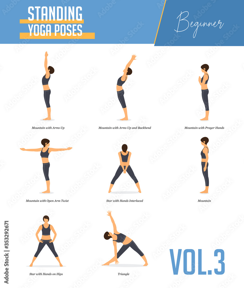 Set of yoga poses for concept balancing, standing poses in flat design style.  Strong Woman exercising for body stretching. Yoga posture or asana for  beginner infographic. Workout Vector Illustration Stock Vector