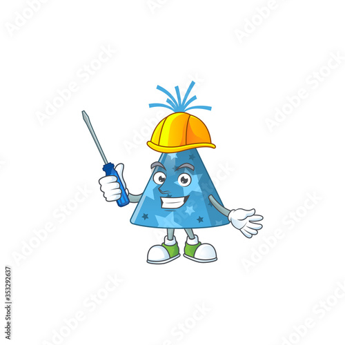 A cartoon image of blue party hat in a automotive character