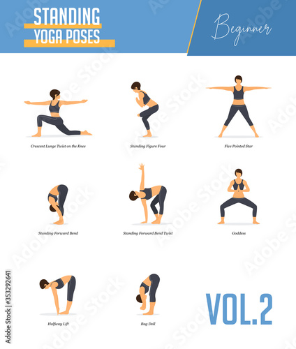 Set of yoga poses for concept balancing, standing poses in flat design style. Strong Woman exercising for body stretching. Yoga posture or asana for beginner infographic. Workout Vector Illustration