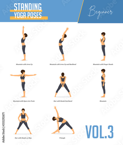 Vetor do Stock: Set of yoga poses for concept balancing, standing poses in  flat design style. Strong Woman exercising for body stretching. Yoga  posture or asana for beginner infographic. Workout Vector Illustration