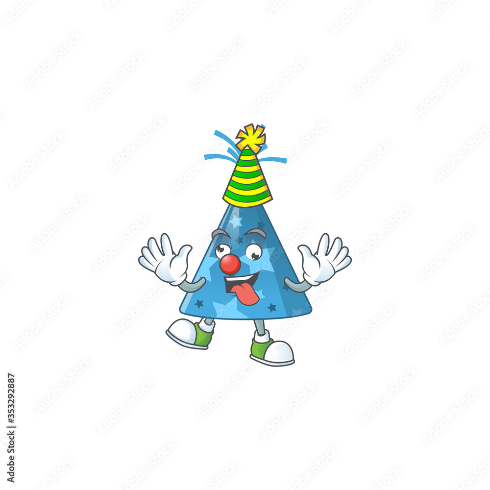entertaining Clown blue party hat caricature character design style