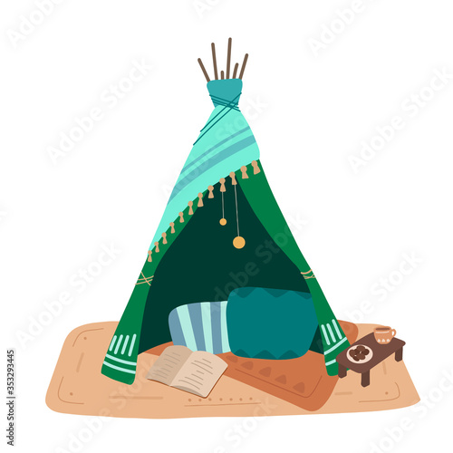 Flat illustration of blanket house with pillows, a garland and tea with cookies. Stay home. Game for adults and children. Blanket fortress. Vector object for animation, cards and your creativity.