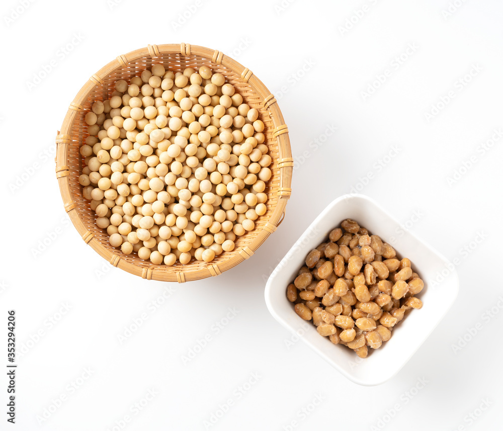 Natto and soybeans placed on a white background Natto and soybeans placed on a white background