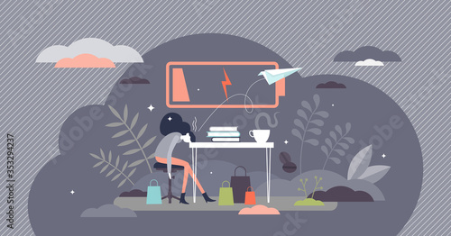 Burnout female vector illustration. Low energy workplace tiny person concept