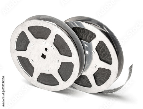 Film reel with filmstrip isolated on white background.