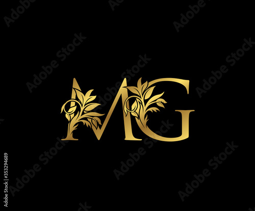 Golden M, G and MG Letter Floral logo. Vintage drawn emblem for book design, Letter Stamp, weeding card, brand name, business card, Restaurant, Boutique, Hotel.