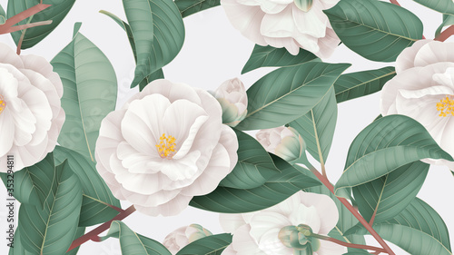 Floral seamless pattern, white Semi-double Camellia flowers with leaves on bright grey