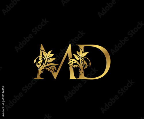 Golden M, D and MD Letter Floral logo. Vintage drawn emblem for book design, Letter Stamp, weeding card, brand name, business card, Restaurant, Boutique, Hotel.