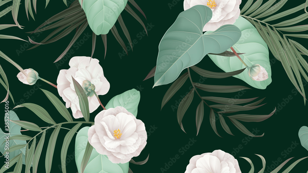 Floral seamless pattern, white Semi-double Camellia flowers with various leaves on dark green