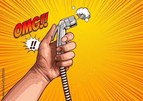 picture of hand using of bidet shower in bathroom, cover template background, speech bubbles, vector illustration.