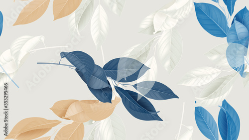 Foliage seamless pattern, various leaves in blue, brown and white on bright grey