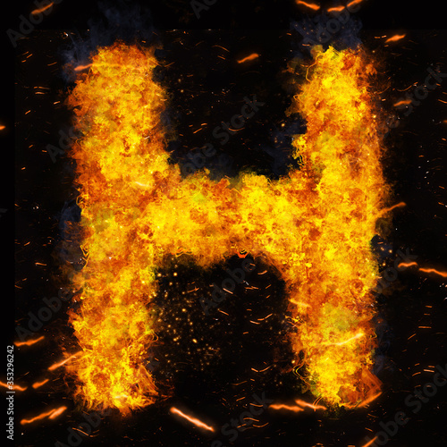 Letter H flame explosion shape with embers and sparks photo