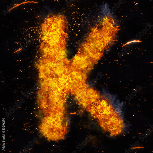 Letter K flame explosion shape with embers and sparks