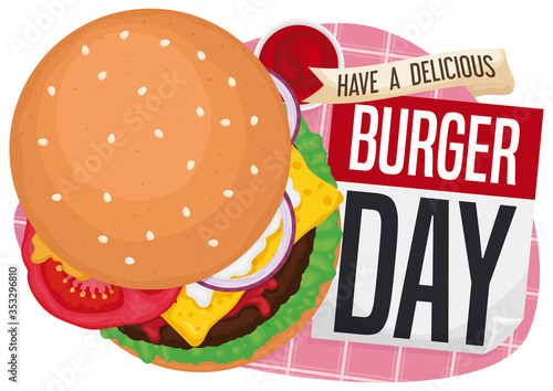 Hamburger, Sauce Bowl, Ribbon and Calendar to Celebrate Burger Day, Vector Illustration