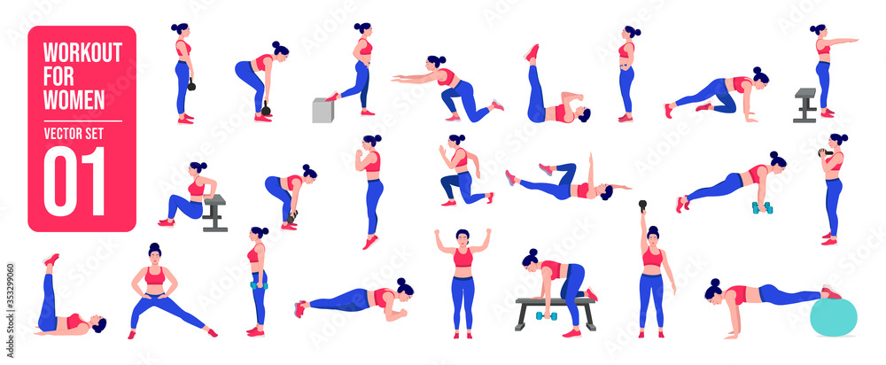 Workout girl set. Woman doing fitness and yoga exercises. Lunges and squats, plank and abc. Full body workout.