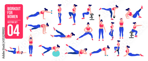 Workout girl set. Woman doing fitness and yoga exercises. Lunges and squats, plank and abc. Full body workout.