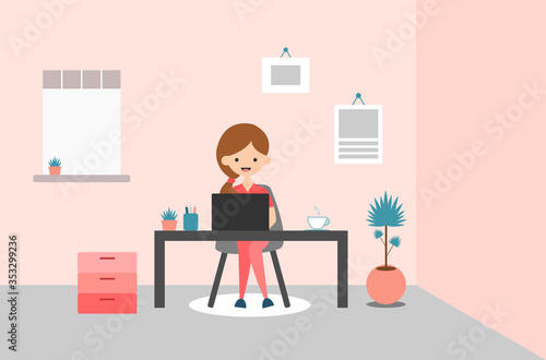 Work from home. Working concept illustration. Woman sitting at a desk. Daytime work.