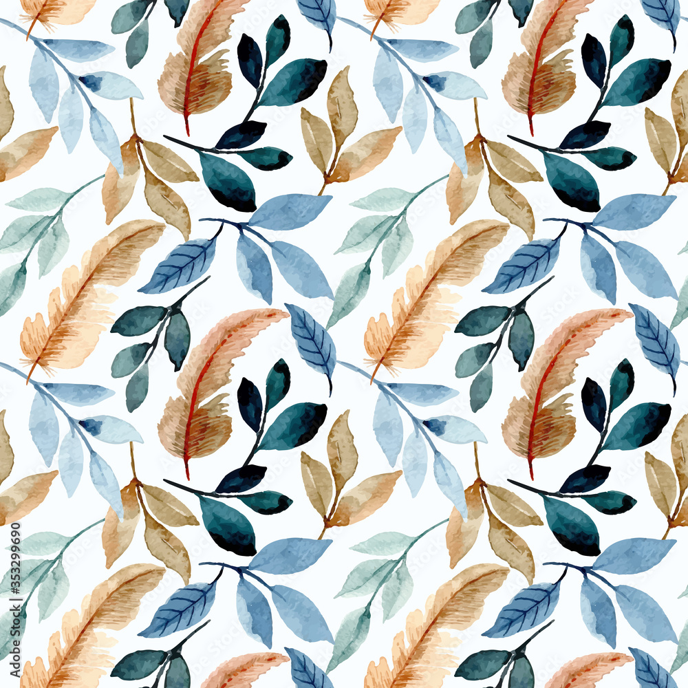 seamless pattern with leaves and feather watercolor