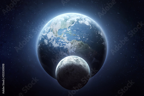 Earth and Moon in dark outer space. Full Moon on foreground. Elements of this image furnished by NASA