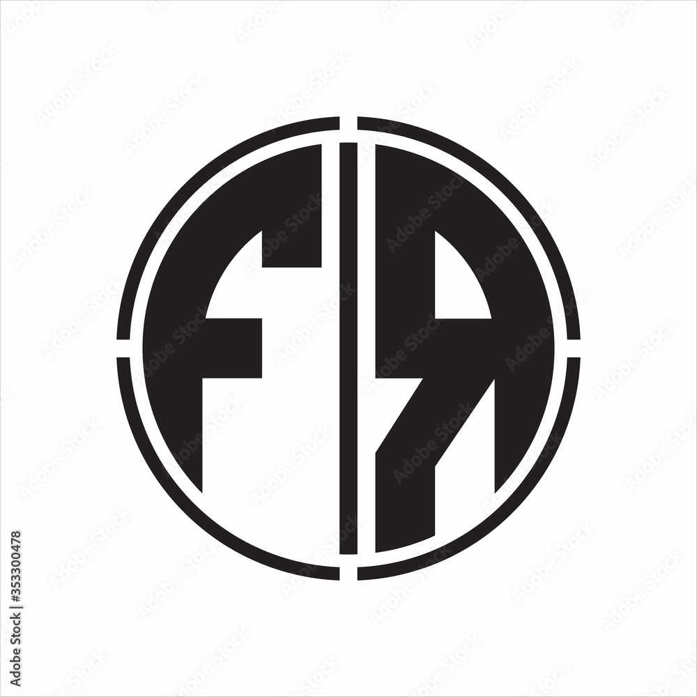 FR Logo initial with circle line cut design template on white background FR Logo initial with circle line cut design template on white background