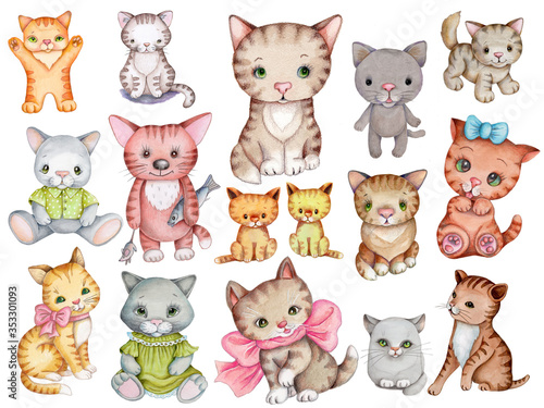 Set of cute cartoon cats and kittens. Watercolor hand drawn illustrations, isolated on white background. 