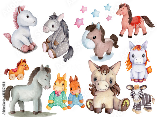 Set of tcute cartoon horses and pony. Watercolor hand drawn illustrations, isolated on white background.  photo