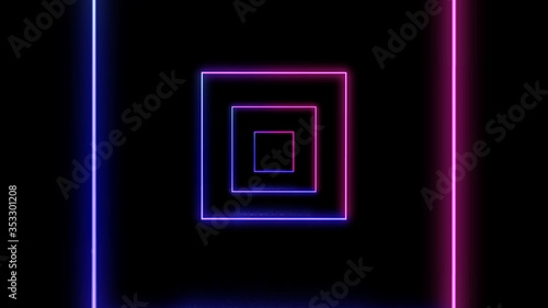 A number of neon squares and lines on the black background.
