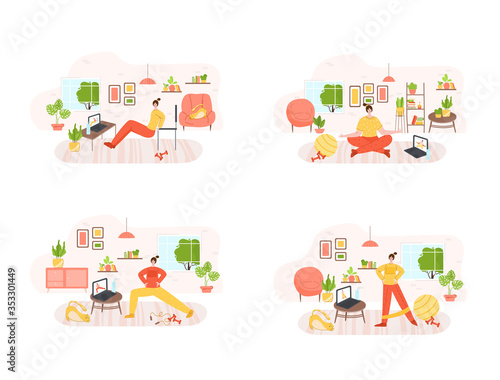 The girl doing sports exercises at home with trainer by internet - online training or workout concept. Home fitness for people health. Indoor sport with chair and other home equipment - vector set