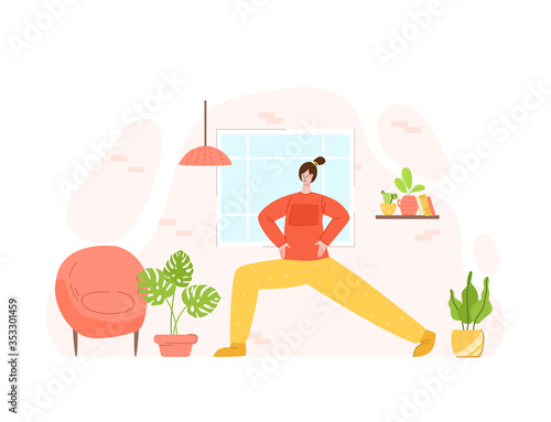 Girl doing sport exercises at home. Indoor training or workout concept. Home activity for people health. Woman doing fitness in living room with simple equipment - vector illustration on white