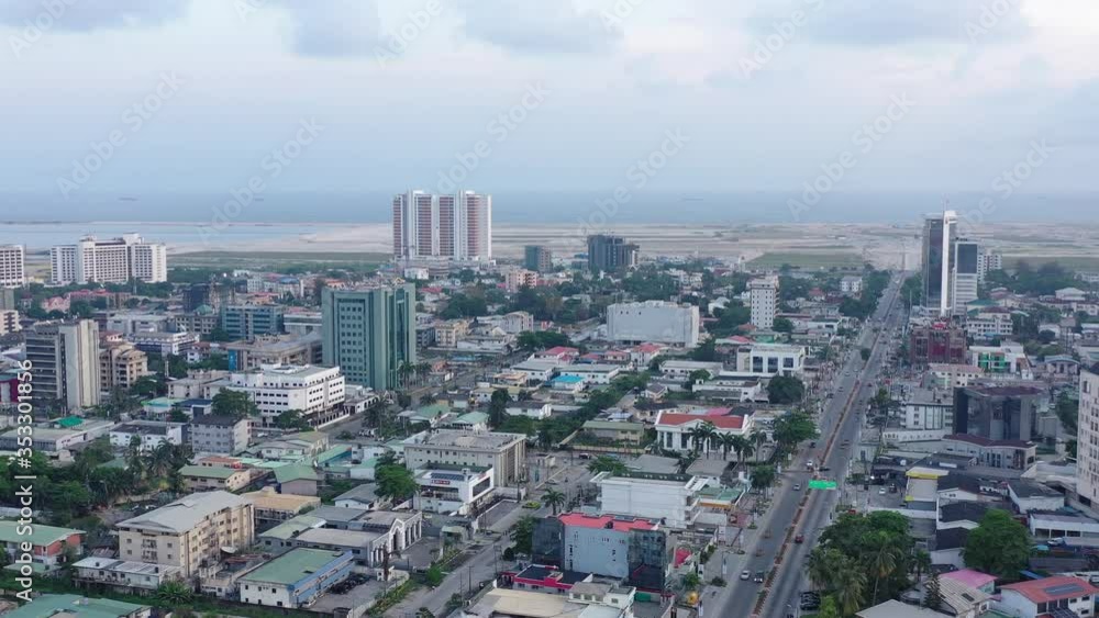 Ascending helical (corkscrew) shot over Akin Adesola Street, Victoria Island, Lagos Ascending helical (corkscrew) shot over Akin Adesola Street, Victoria Island, Lagos