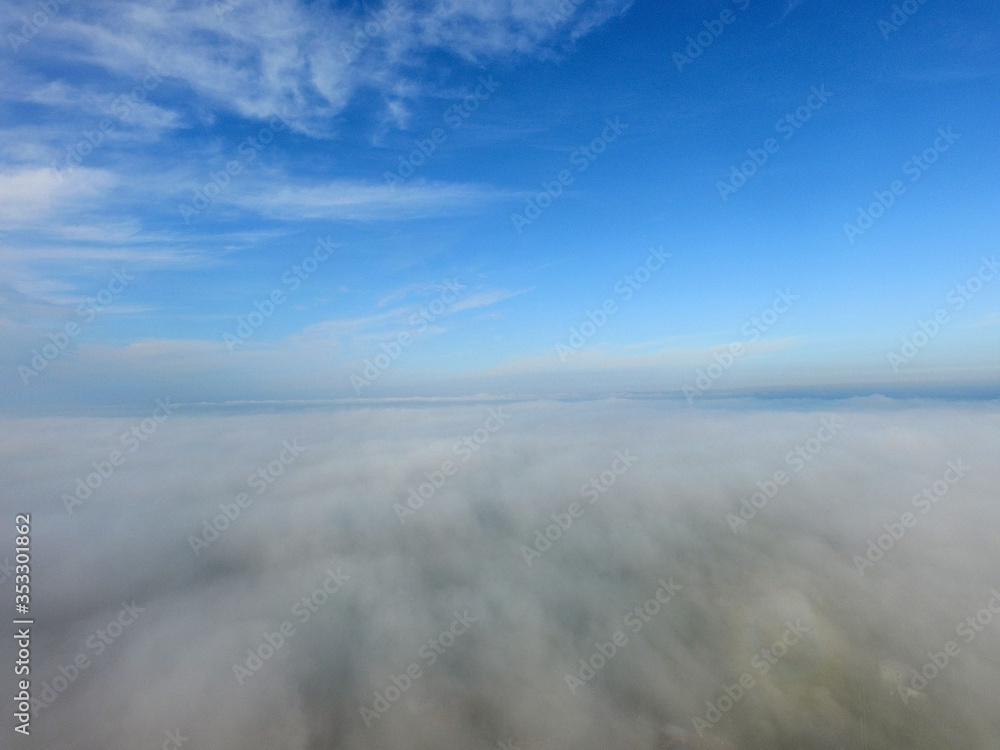 Aerial view of the morning fog (drone image). Near Kiev