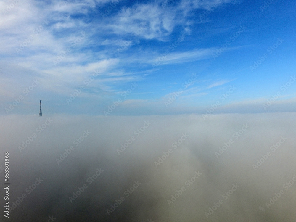 Aerial view of the morning fog (drone image). Near Kiev