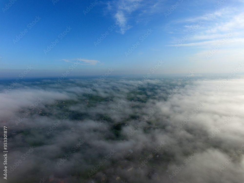 Aerial view of the morning fog (drone image). Near Kiev