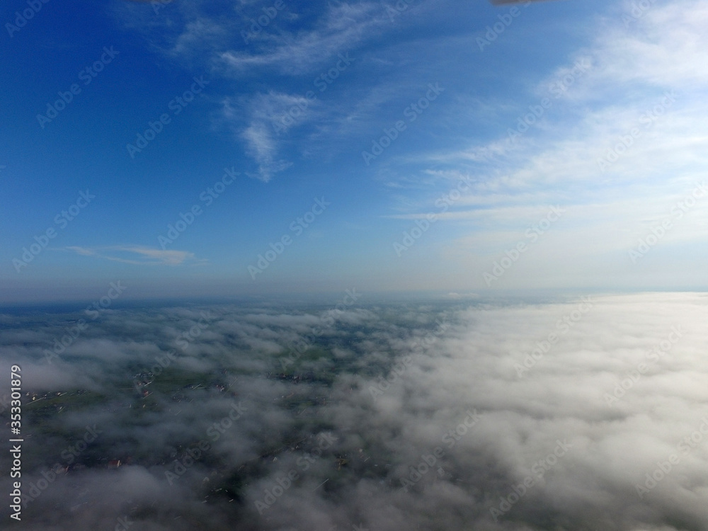 Aerial view of the morning fog (drone image). Near Kiev