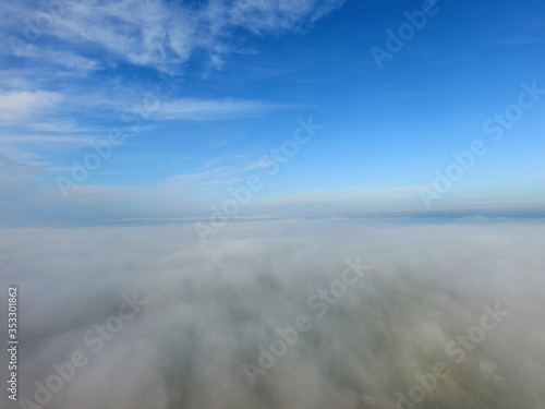 Aerial view of the morning fog (drone image). Near Kiev