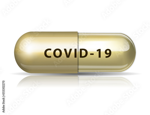 Pill with sign covid-19 on white background.