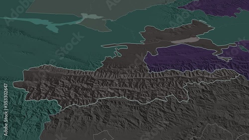 Leninabad, region with its capital, zoomed and extruded on the administrative map of Tajikistan in the conformal Stereographic projection. Animation 3D photo